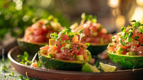 Close-up on a platter of spicy tuna tartare in avocado shells, delicately garnished with microgreens, under a diffused studio spotlight photo