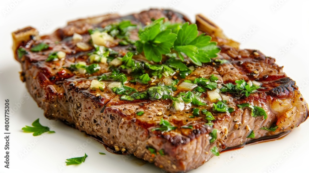 Close-up on a tender ribeye steak, sizzling in garlic butter, vibrant parsley garnish, high-resolution, isolated on white, studio lighting
