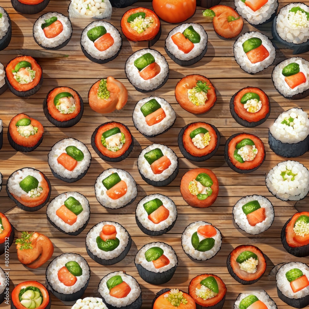 Seamless pattern of sushi rolls arranged artfully on a wooden platter, Generative AI Seamless pattern of sushi rolls arranged artfully on a wooden platter, Generative AI