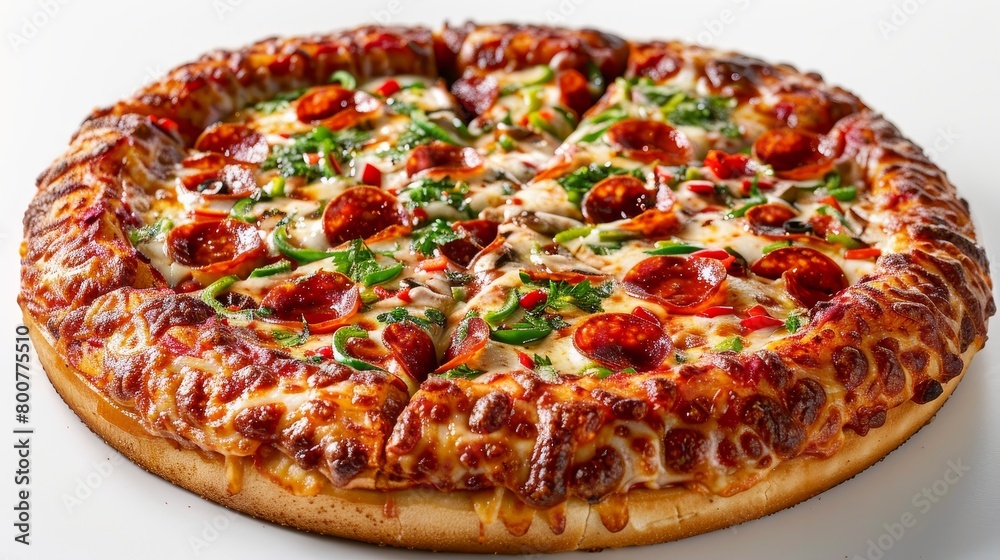 Close-up view of a loaded deep-dish pizza, cheese stretching invitingly, with pepperoni and fresh veggies, on an isolated white background, studio lighting