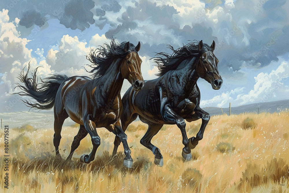 Elegant horses gallop across open fields Elegant horses gallop across open fields