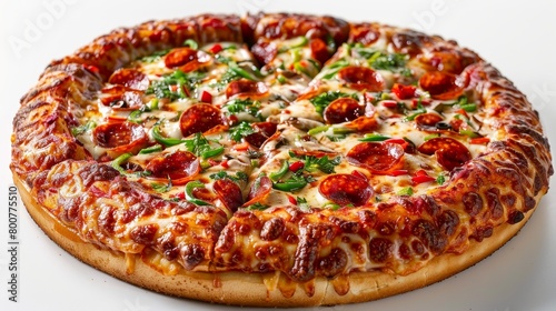 Close-up view of a loaded deep-dish pizza, cheese stretching invitingly, with pepperoni and fresh veggies, on an isolated white background, studio lighting