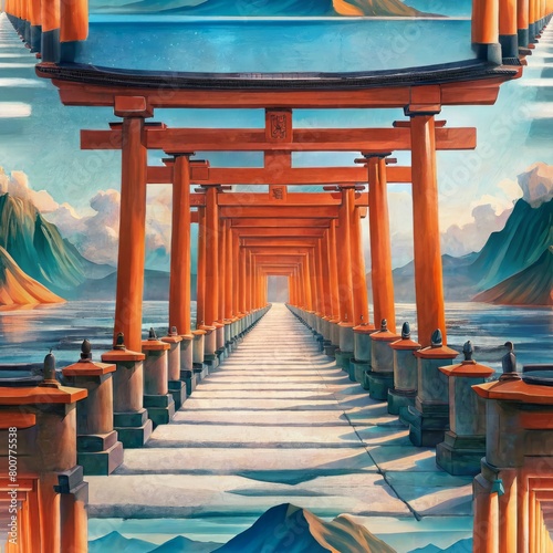 Seamless pattern of torii gates leading the way to a sacred shrine, Generative AI