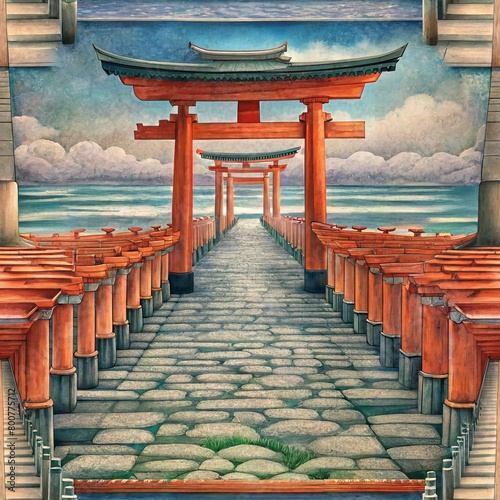 Seamless pattern of torii gates leading the way to a sacred shrine, Generative AI