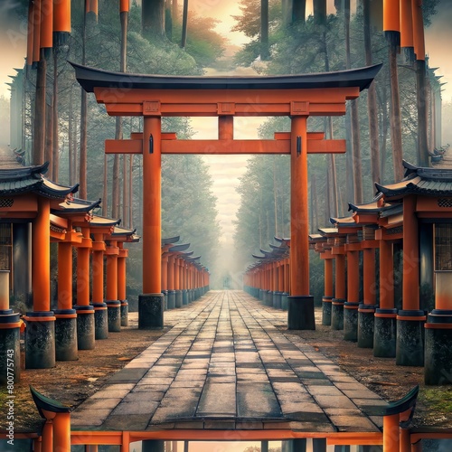 Seamless pattern of torii gates leading the way to a sacred shrine, Generative AI