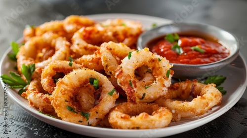 Crispy fried calamari rings, served with a side of tangy marinara sauce, focused studio lighting to capture the golden crispness, isolated background