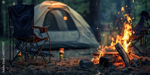 Beautiful bonfire with burning firewood near chairs and camping tent in forest photo