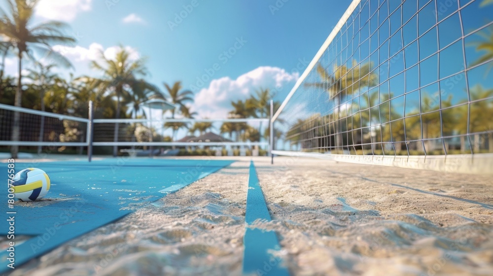 Blank mockup of a beach volleyball court with branded ball retrievers showcasing a sunscreen brands logo. .
