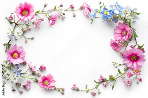 Festive Pink flowers daisies, forget-me-nots frame, composition on white background © kashif 2158