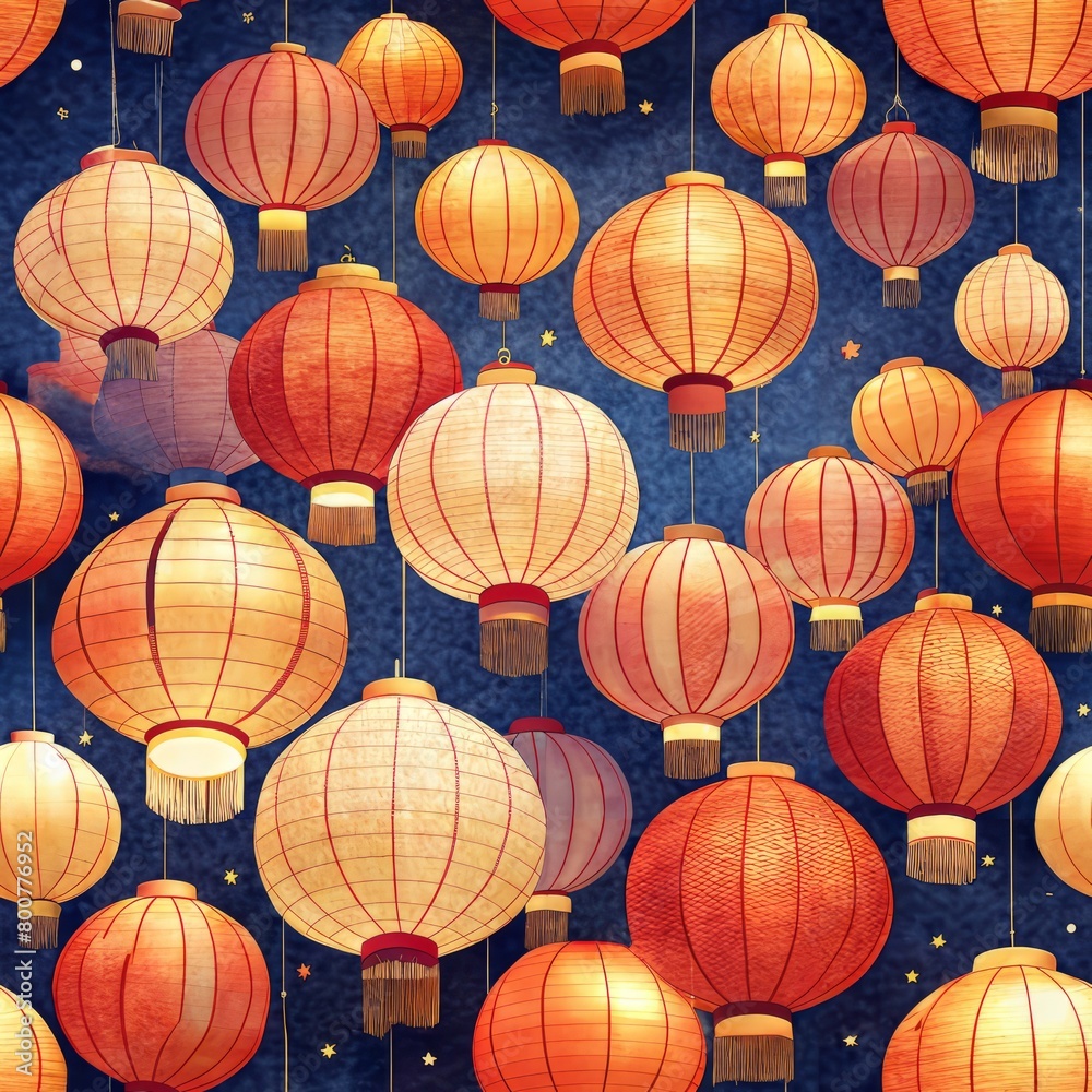 Seamless pattern of traditional Japanese paper lanterns illuminating a nighttime festival, Generative AI