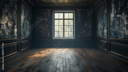 A large room with a window and a wooden floor. The room is empty and has a dark, moody atmosphere