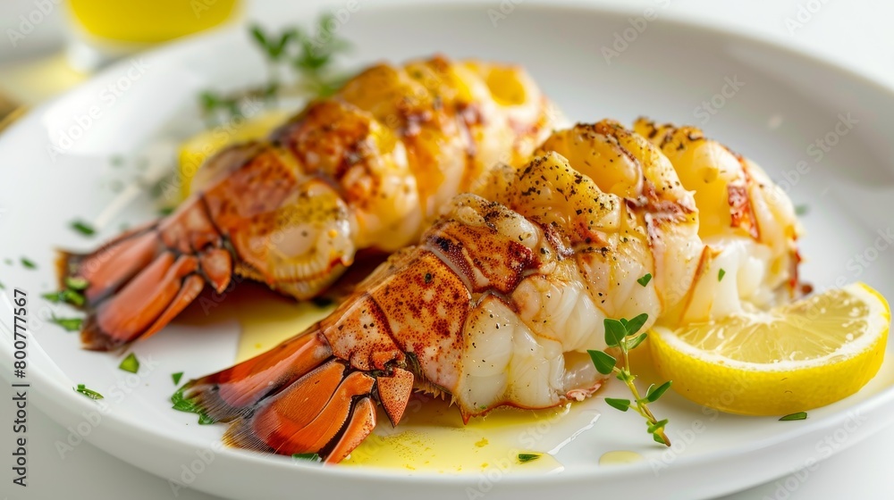 Delectable lobster tail served with lemon slices and butter, elegant plating, minimalist white background, soft diffused lighting