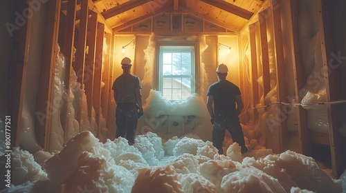 two people working on an exterior wall, surrounded by foam in the interior of a house. construction process and branding, skilled carpenters in progress inside an attic. photo
