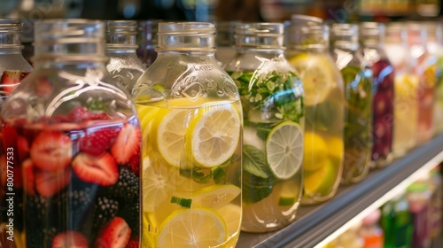 A selection of infused waters displayed in glass jars with colorful labels inviting customers to try different flavors.