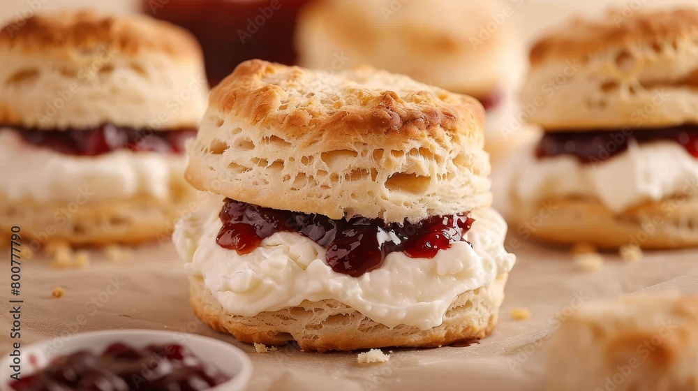 Delicious baked scones with clotted cream and jam, close up, soft textured light, perfectly isolated for clean viewing, studio lighting Delicious baked scones with clotted cream and jam, close up, soft textured light, perfectly isolated for clean viewing, studio lighting