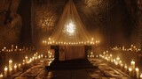 In a dimlylit underground chamber a stone altar stands tall carved with ancient symbols and runes. On top rests a shimmering veil . .