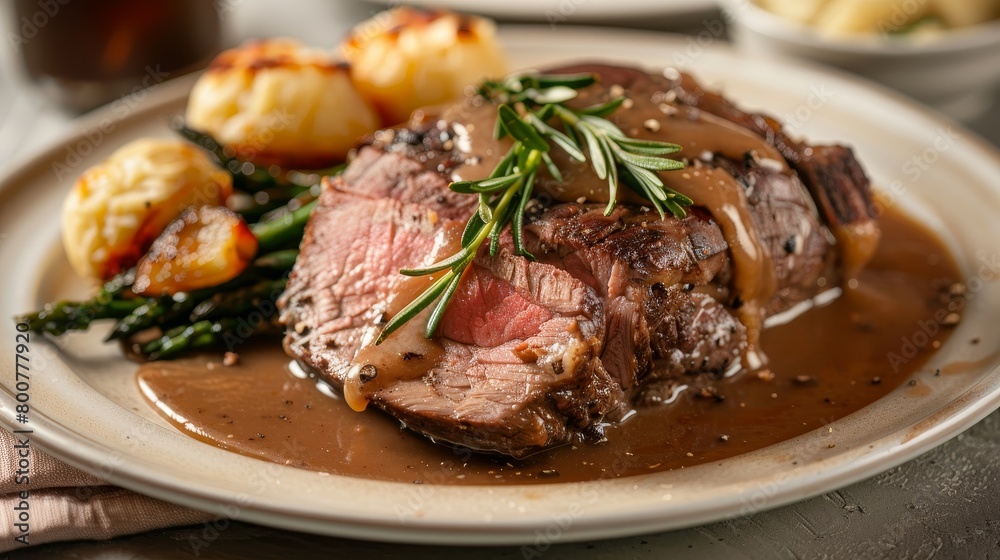 Delicious home-cooked meal featuring traditional roast beef with gravy, shot in high definition on an isolated background, perfect for family dinner promotions Delicious home-cooked meal featuring traditional roast beef with gravy, shot in high definition on an isolated background, perfect for family dinner promotions