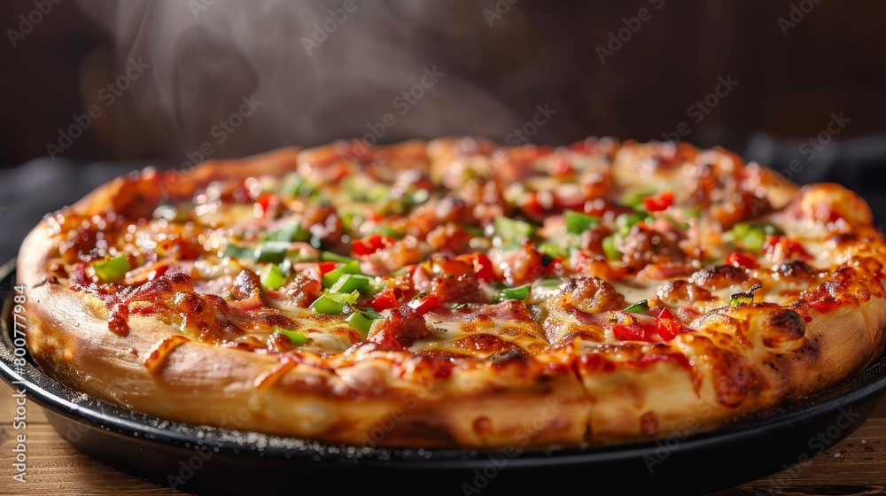 Deliciously detailed deep-dish pizza, cheese bubbling over layers of tomato sauce and a variety of toppings, perfectly lit in studio, simple background