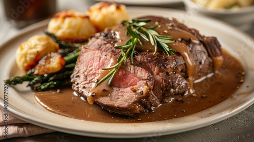 Delicious home-cooked meal featuring traditional roast beef with gravy, shot in high definition on an isolated background, perfect for family dinner promotions