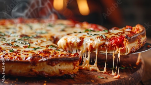 Deliciously detailed deep-dish pizza  cheese bubbling over layers of tomato sauce and a variety of toppings  perfectly lit in studio  simple background