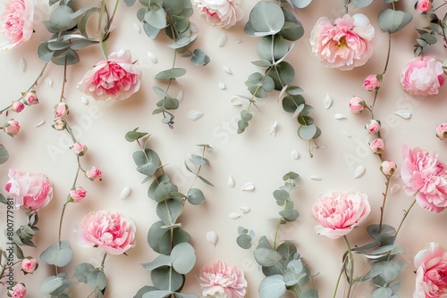 Flowers composition background. Pattern made of pink and cotton flowers and eucalyptus branches on pastel pale beige background.