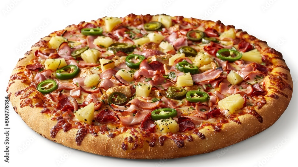 Deluxe pizza with an assortment of toppings including ham, pineapple, and jalapenos, featured on a crisp, white isolated background Deluxe pizza with an assortment of toppings including ham, pineapple, and jalapenos, featured on a crisp, white isolated background