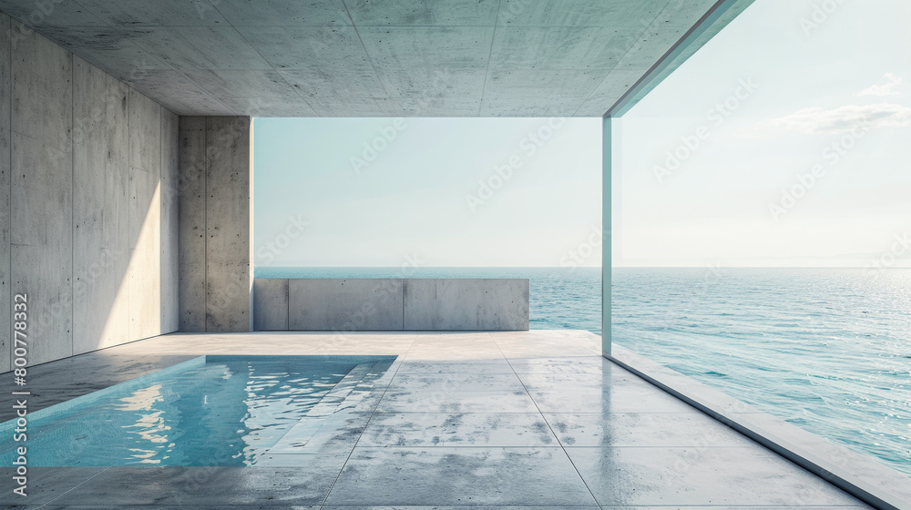 Obraz premium A large, empty room with a large window overlooking the ocean. The room is made of concrete and has a pool in the center. Scene is calm and serene, as the ocean and pool provide a peaceful