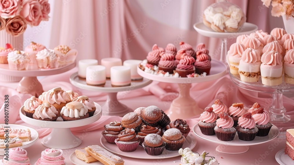 Elegant dessert table showcasing a variety of sweets and pastries, each item meticulously placed, under soft studio lighting Elegant dessert table showcasing a variety of sweets and pastries, each item meticulously placed, under soft studio lighting