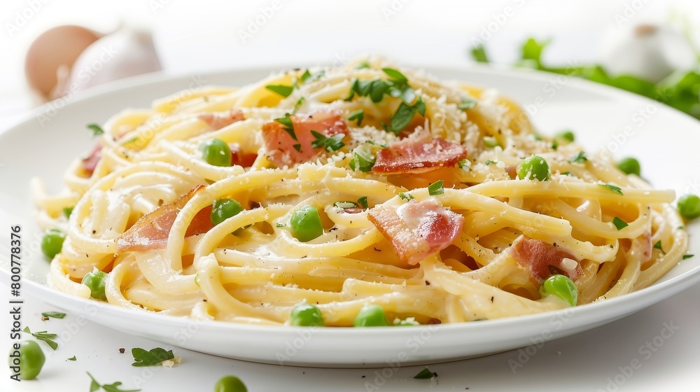 Elegant dish of creamy carbonara pasta, featuring crispy pancetta and a delicate egg sauce, garnished with fresh green peas, isolated on white