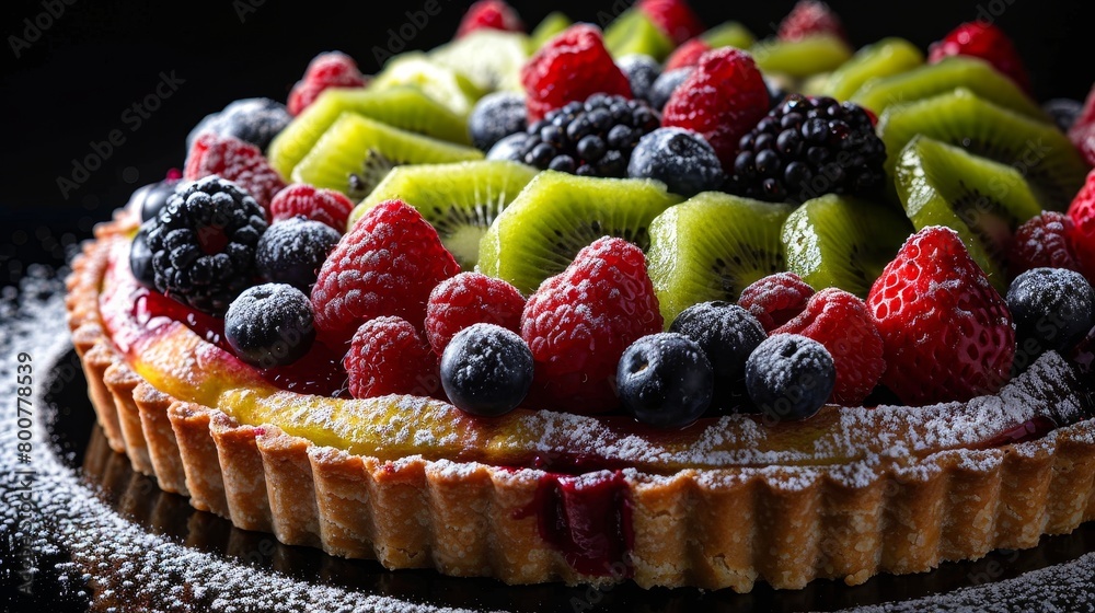 Elegant fruit tart with a vibrant array of fresh berries and kiwi slices, light dusting of powdered sugar, isolated on black, studio light Elegant fruit tart with a vibrant array of fresh berries and kiwi slices, light dusting of powdered sugar, isolated on black, studio light