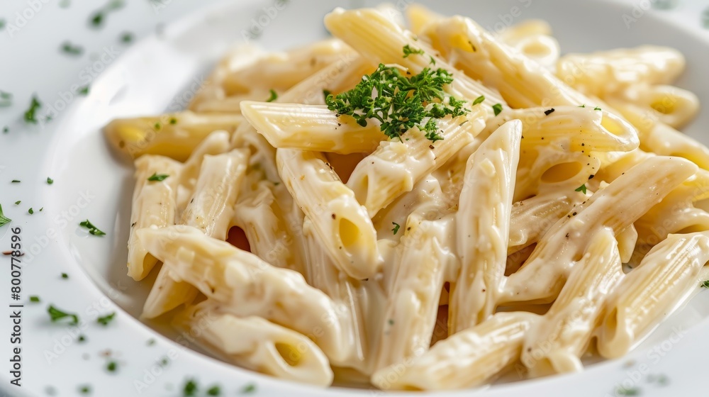 Elegant penne pasta coated in creamy Alfredo sauce, garnished with parsley on a white plate, isolated background Elegant penne pasta coated in creamy Alfredo sauce, garnished with parsley on a white plate, isolated background