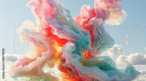 A digitally created image of colorful, swirling smoke or ink rising against a backdrop of clouds in a blue sky. photo