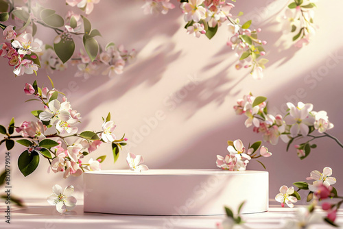 A white pedestal with a pink background and flowers on it. podium for mockup. ai generative