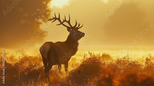 Red Deer Stag Silhouette in the mist Deer in the Morning forest deer in the woods deer in the forest silhouette of a deer Red Deer Stag Silhouette in Misty Forest Setting. Generated AI