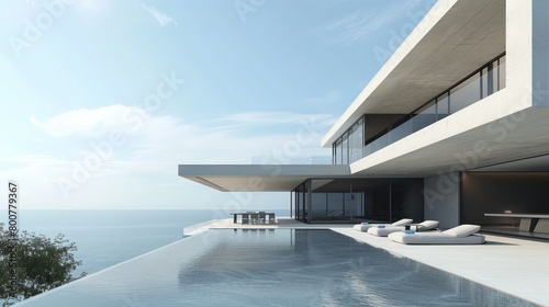 Modern white minimalistic style villa with swimming pool,Building Exterior luxury of living room with sea view,modern house with pool and terrace overlooking the ocean. Generated AI © alsyed