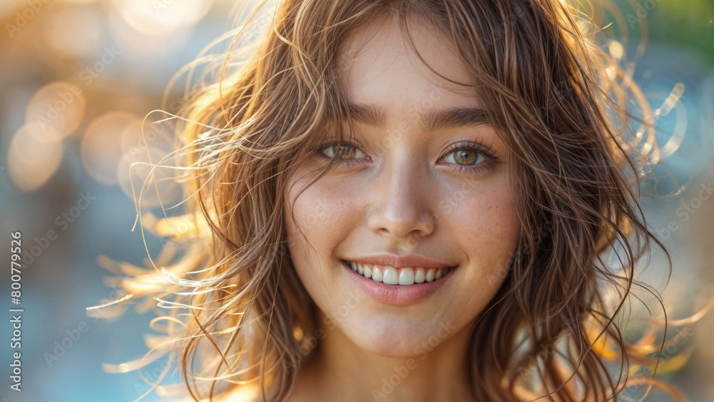 Portrait of a beautiful young woman with long brown hair smiling at the camera