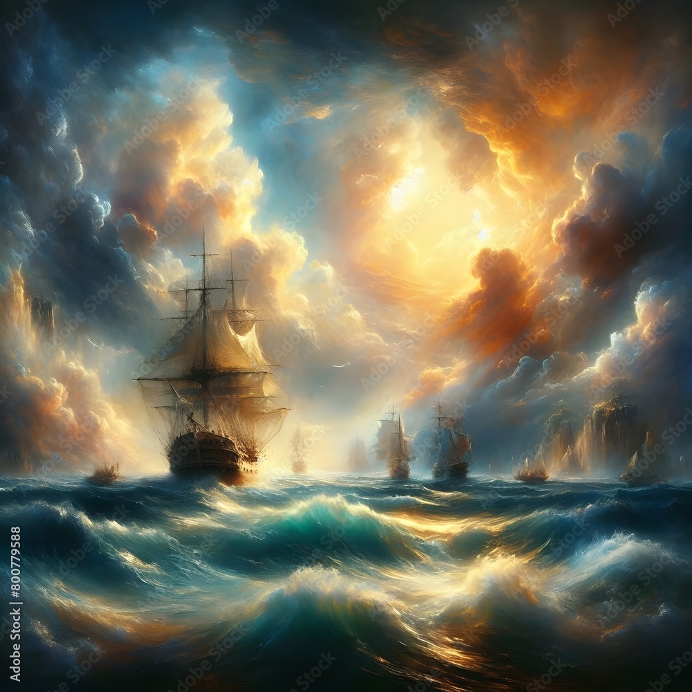 Digital painting of a ship in stormy sea at sunset with clouds generated by ai