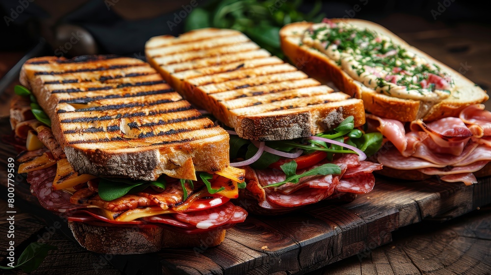 Gourmet pressed sandwiches with an assortment of fine meats, cheeses, and spreads, grilled to perfection, studio lighting, raw isolated background Gourmet pressed sandwiches with an assortment of fine meats, cheeses, and spreads, grilled to perfection, studio lighting, raw isolated background
