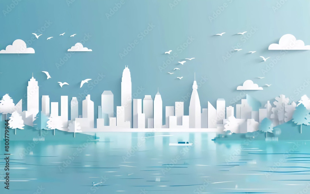 River skyline panoramic view in excellent paper cut style vector illustration