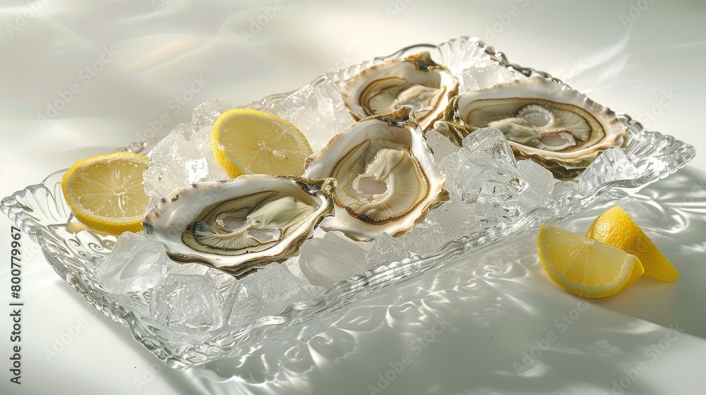 Fresh oysters on half shell with ice and lemon slices, displayed on a crystal-clear glass tray, under a bright studio light for an icy fresh look Fresh oysters on half shell with ice and lemon slices, displayed on a crystal-clear glass tray, under a bright studio light for an icy fresh look
