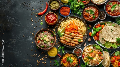 Global dining table from above, featuring al dente spaghetti carbonara, colorful Mexican taco platter, and a spread of Indian curries and biryanis, set on an elegant dark surface, studio lighting