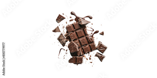  chocolate, melting and broken into pieces, white background