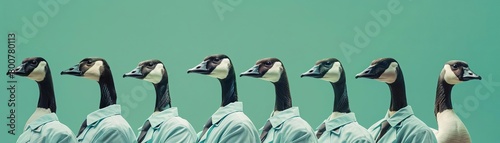 A flock of geese in travel agency uniforms, planning migratory routes and vacation packages for birdwatchers