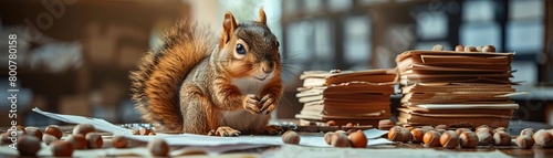 A squirrel in accountant gear, surrounded by stacks of nuts and financial papers, calculating stockpiles before winter photo