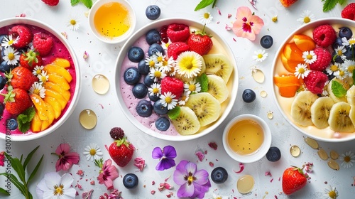Freshly prepared smoothie bowls topped with colorful fruit slices, edible flowers, and honey drizzles, studio setup, high contrast
