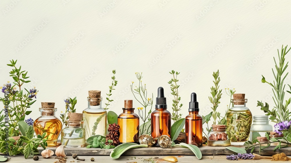 Fototapeta premium Organic Beauty Products Image of organic cosmetic bottles surrounded by their natural ingredients, like herbs and oils, on a rustic table, conveying an allnatural ethos