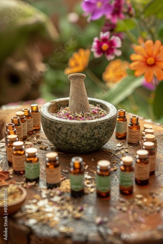 aromatherapy blends  vials of essential oils surrounding a mortar and pestle  showcasing DIY creations