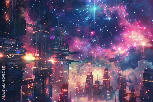 A cosmic cityscape nestled within a nebula  with twinkling star-lights forming windows and buildings
