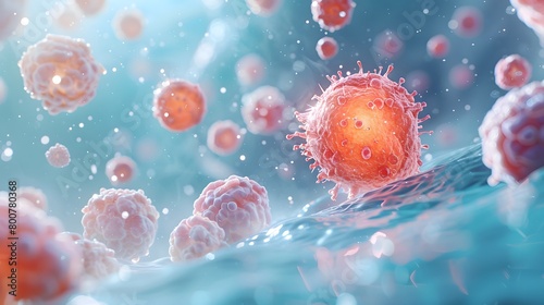 Rendering of a 3D concept for an oncology treatment that effectively kills isolated cancer cells on a pastel background with copy space. photo