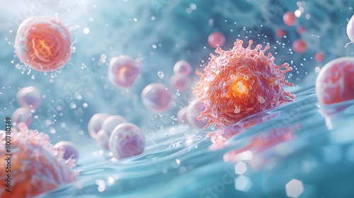 Rendering of a 3D concept for an oncology treatment that effectively kills isolated cancer cells on a pastel background with copy space.